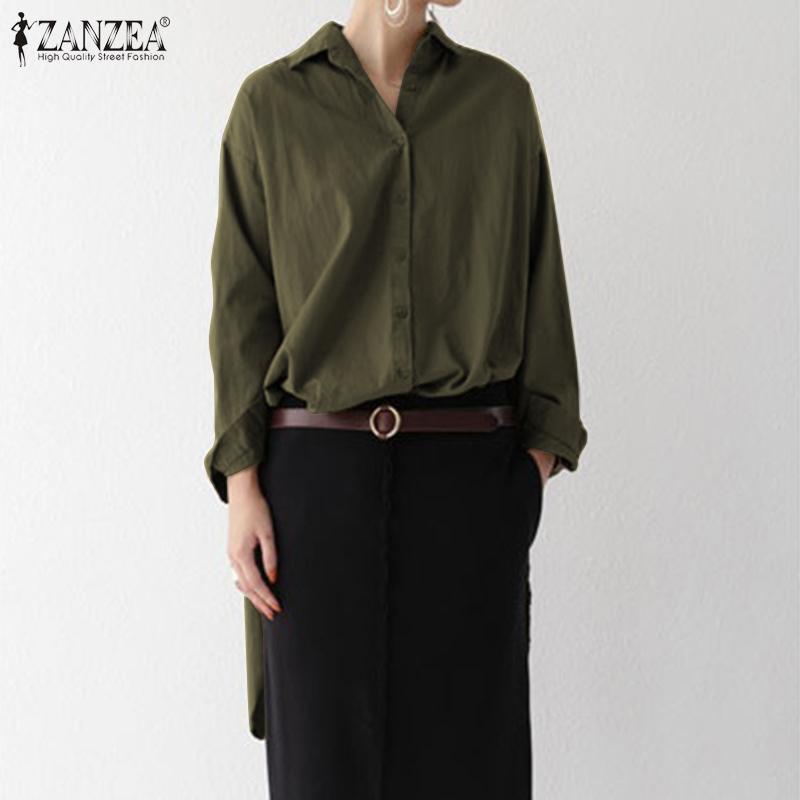 

ZANZEA Elegant Women Lapel Neck Long Shirt Fashion Long Sleeve Office Blouse Casual Buttons Down Top Tunic Solid Split Blusas, Black