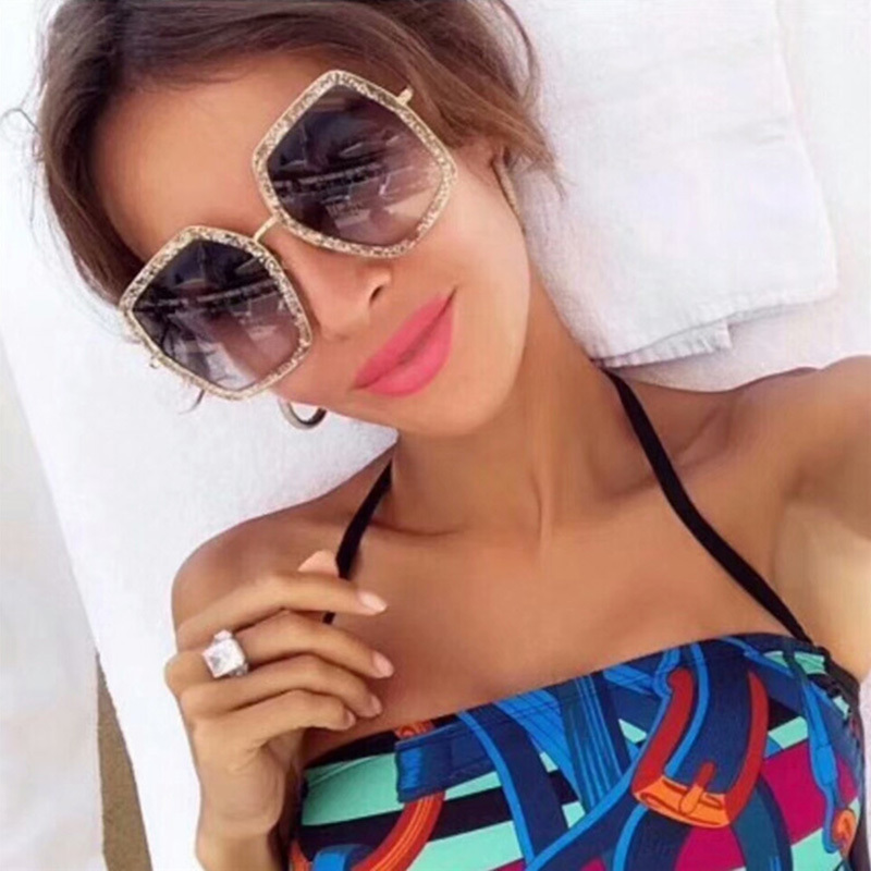 

Fashion Irregular Square Sunglasses Women Brand Designer Vintage Luxury Sequined Tan Sun Glasses Alloy Hot Travel oculos