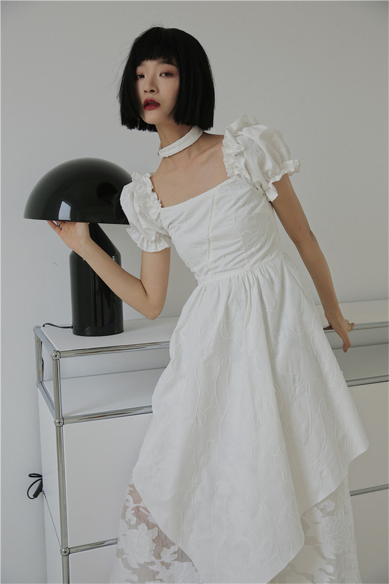 

2021 New Style Vintage Square Puff Sleeves Lace Seam Elegant White High Waist Thin Party Dress JXVG, Short sleeve.