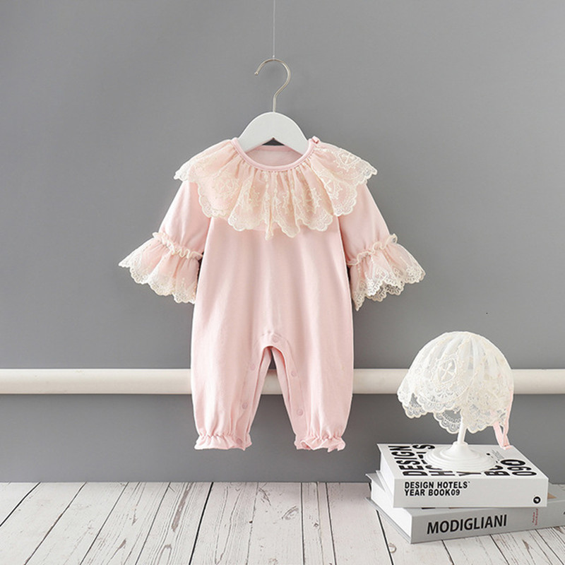 

2021 New Baby Girl Autumn Clothing Lace Embroidery Flare Sleeve Princess Rompers Jumpsuits Newborn Infant Clothes for Birthday Party 0-2y 0v, Pink