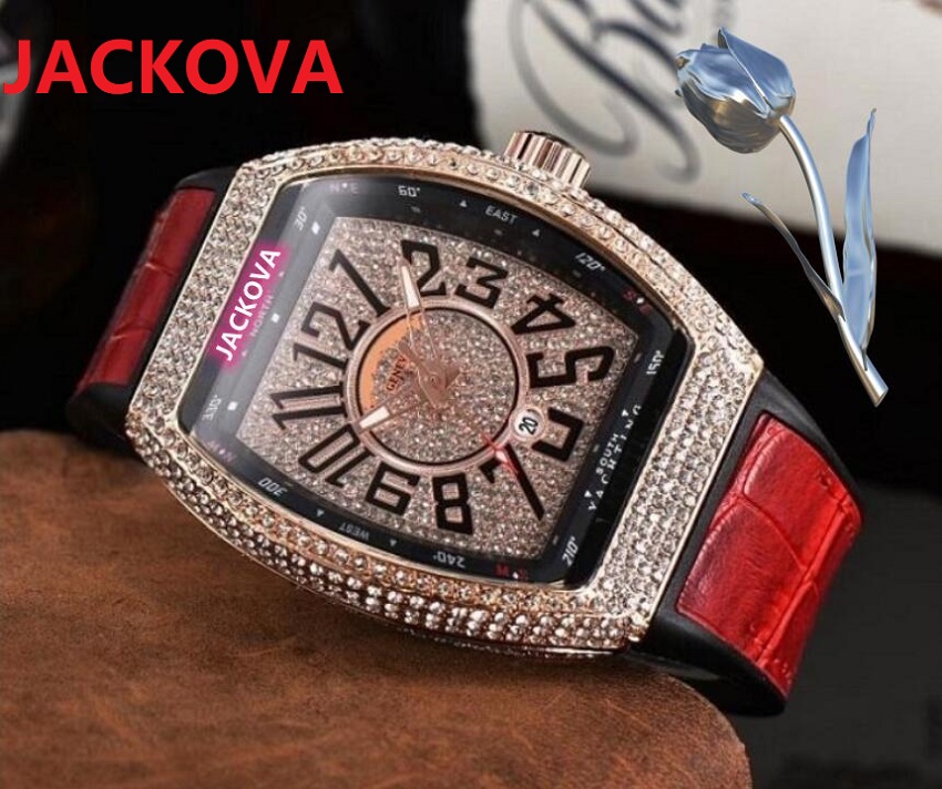 

High quality luxury Famous Mens Black Brown Leather Watch Quartz Movement Male Time Clock Full Diamonds Iced Out Wristwatch, As pic