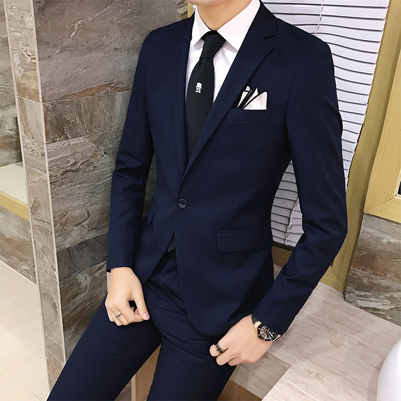 

2021 2pcs/set New Fashion Korean Style Slim Black Mens Suit with Pants High Quality Wedding Suits for Men Clothing Men's Mloy, Dark grey