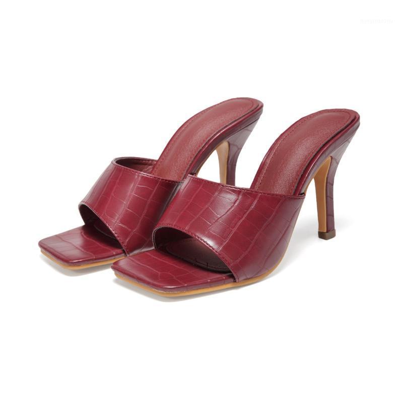 

New Summer Comfortable Women's Mules Slippers Elegant Square Toe High Heels Slippers Ladies Slides Shoes Femme Zapatos Mujer1, Brown