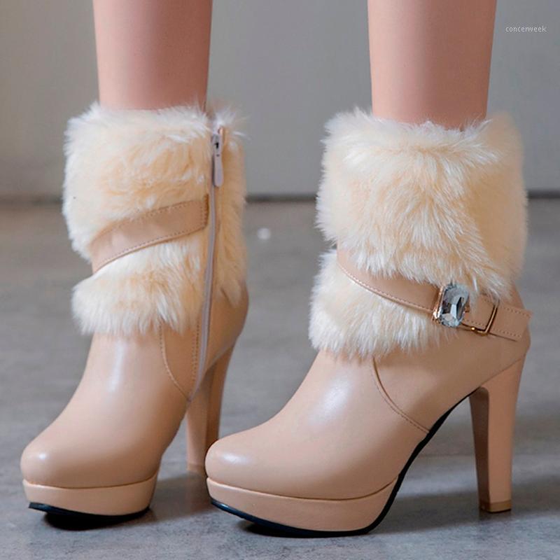 

Women Short Boots High Heel Buckle Boot Winter Casual Leather Side Zipper Solid Color Round Toe Shoes Female Winter Boots 11.11, Wh