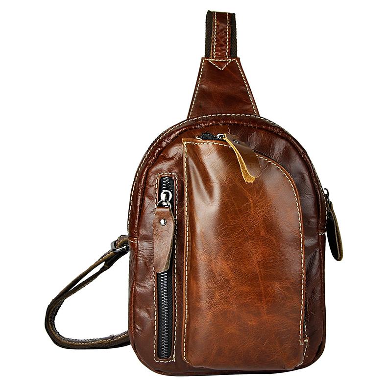 

Top Quality Mens Genuine Real Leather Cowhide vintage Chest Pack Bag Sling Crossbody Bag Daypack 6099, Brown