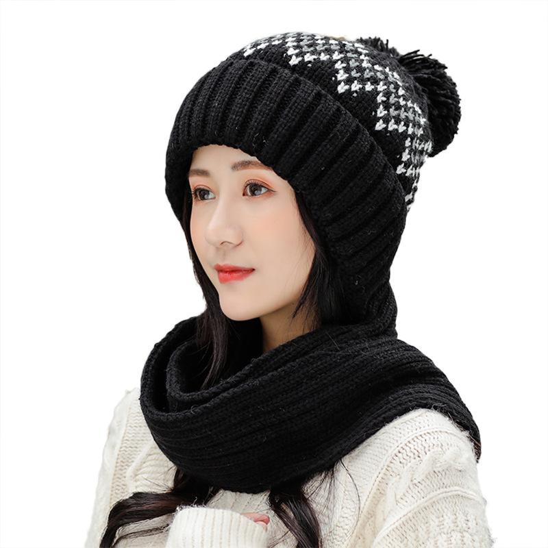 

Female Winter Velvet Thick Warm Wool Scarf Hat One-Piece Suit Korean Version Versatile With Fashionable Knit Pullovers