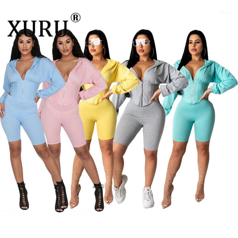 

XURU European and American Women' Waist Shaping Casual Jumpsuit Two-piece Hooded Jumpsuit Suit1, Blue