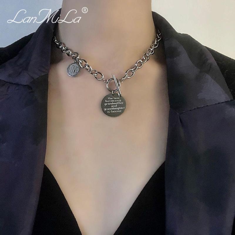 

LanMiLa new Necklace 2020 Punk Stainless Steel Round Nameplate Pendant Chains Short Chain Women Jewelry