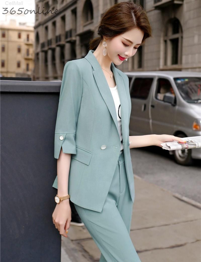 

Newest Styles Spring Summer Half Sleeve Women Business Suits with Pencil Pants and Jackets Coat Professional Blazers Pantsuits