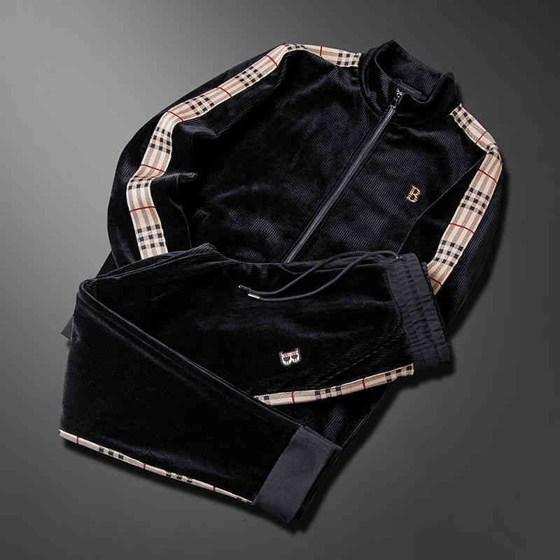 

Men's Tracksuits Trendy men's high-end leisure sports sweater set autumn and winter golden velvet personalized British Plaid LYO3, 1# shoe box