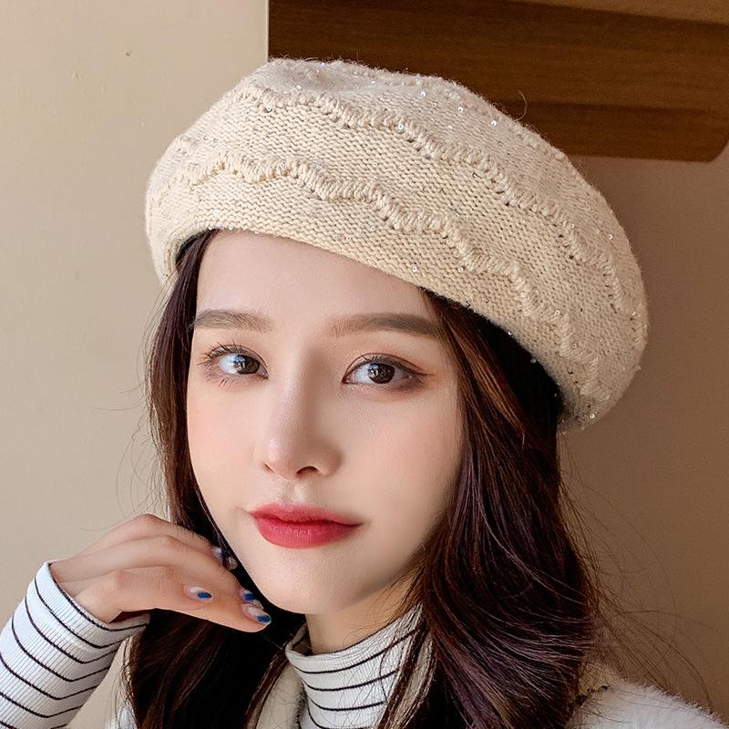 

HT3341 Berets for Women Autumn Winter Women Hat Vintage New Fashion Artist Painter Beret Hat Ladies Sequins Knitted Berets, Black