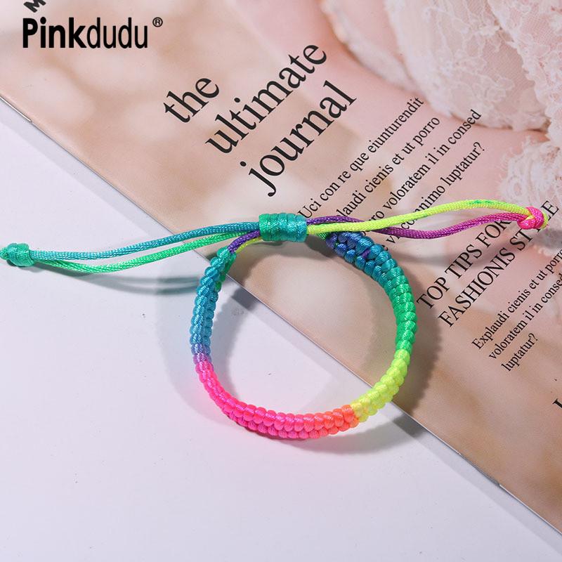 

Pinkdudu Rainbow Thread Handmade Braided Bracelets Multicolor Rope Chain Ethnic Adjustable Bracelets & Bangles for Women PD196