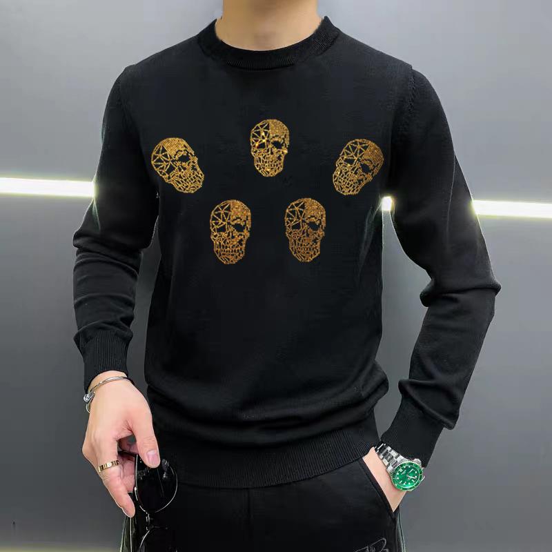 

Winter Leisure Warm Knit Long-Sleeved Men's Round Neck Sweater Hot Drill Skull Pullover Woolen Clothes Lovers, As shown asian size