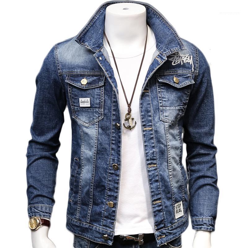 

2020 Spring and Autumn Fashion Men's Denim Jacket Embroidered Slim Men's Cotton Jacket Men Lapel Long Sleeve Denim Pilot1, Black