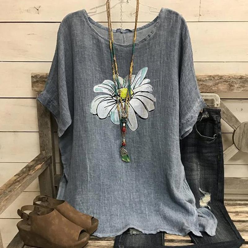 

Daisy Print O Neck Women Blouses Summer 2020 Cotton Linen Loose Short Sleeve Shirt Women Elegant Plus Size Tops Blusas Feminina, Green