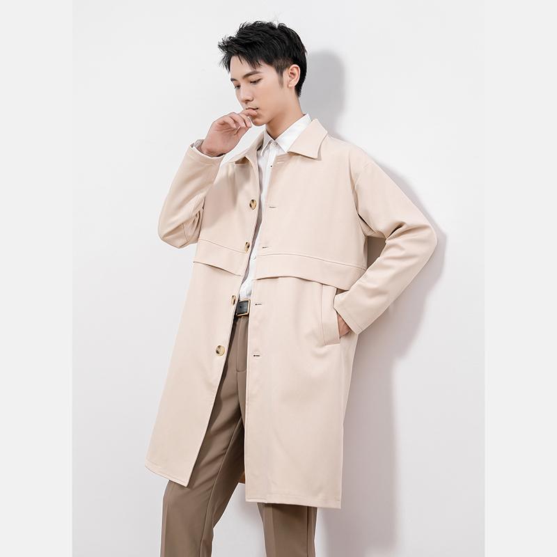 

2020 Autumn Winter Men Korean Style Trench Mens Fashion Blends Overcoat Men Long Windbreaker Male Overknee Loose Jacket & Coat, Beige thin