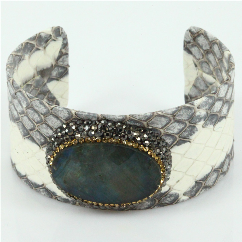 

Natural Snakeskin Bangle with Rhinestone Charm Big Stone Statement Leather Bangle Newest Snakeskin Fashion Jewelry