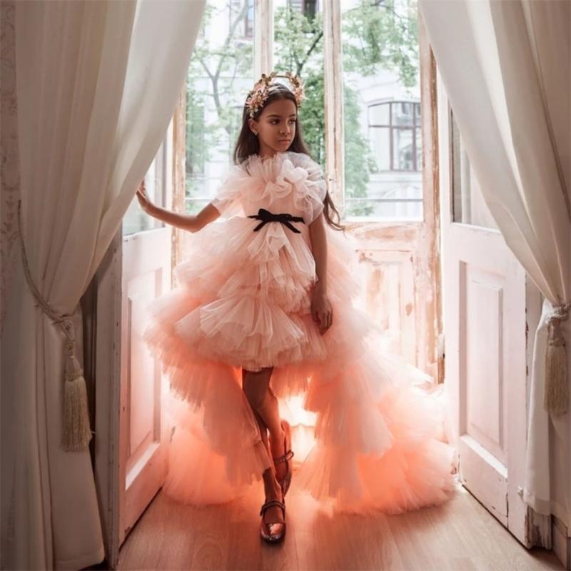 

Coral Flower Girls Dresses For Wedding High Low Tiered Skirts Toddler Pageant Gowns Sweep Train Tulle Children Prom Dress, As picture