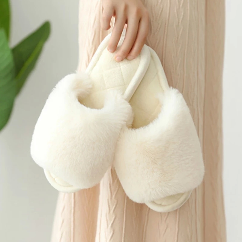 

Plush Warm Slides Women Home Slippers Fluffy Indoor Shoes Ladies Flip Flops Flat Fur Female Slippers Pink White Comfort Footwear #Wz7o, Beige
