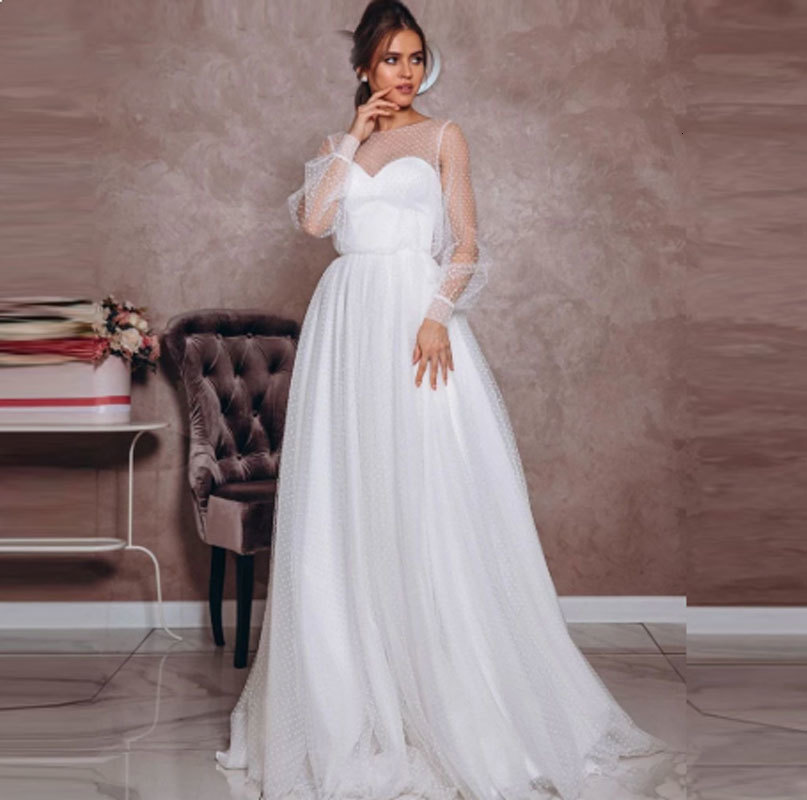 

2021 New Dressed Plain Lace Dresses Elegant Wedding Gown Neck Long Sleeves Be Robe to Floor PVZD, Same as the photos