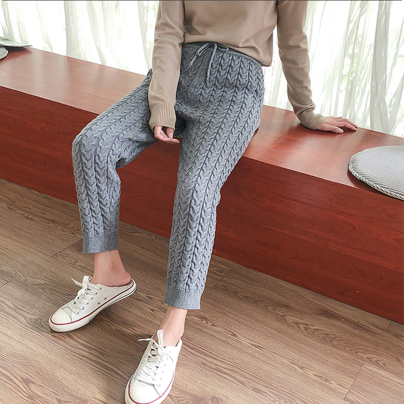 

Women Casual Harem Pants Winter Thicken Drawstring Women Knitted Pants Autumn Winter Twisted Sweater Trousers 201228, Apricot