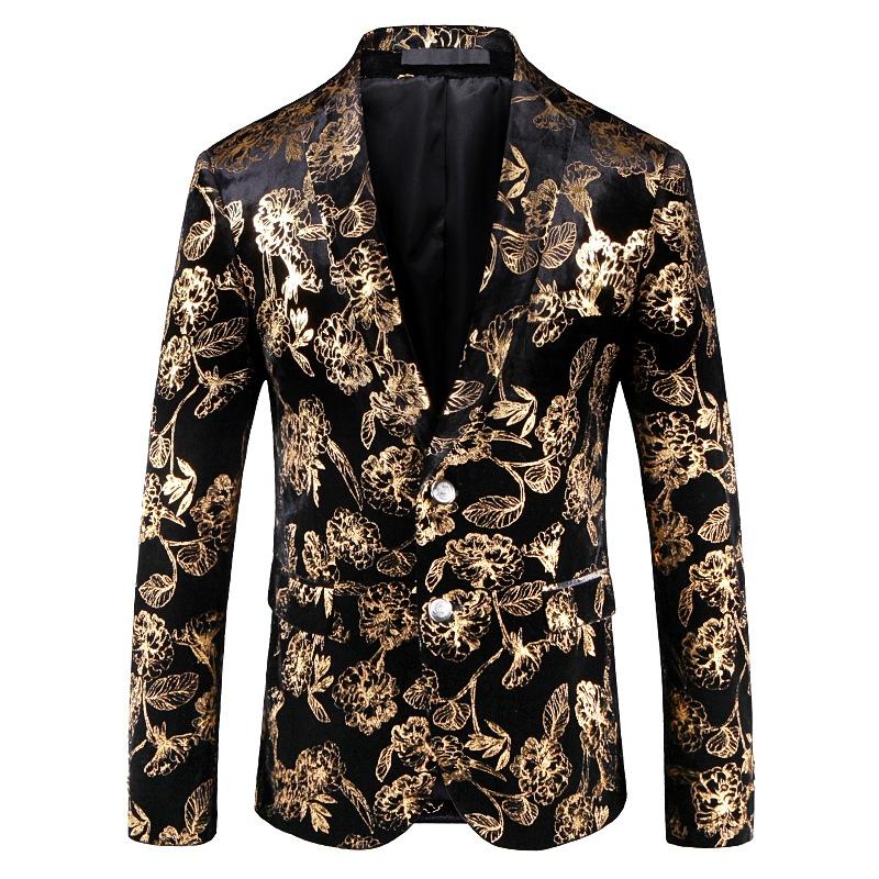 

Fashion Slim Men Blazers Gold Print Suit Jacket Stage Costume Singer Host Musician Dancer Nightclub Party Business Casual Blazer, As picture