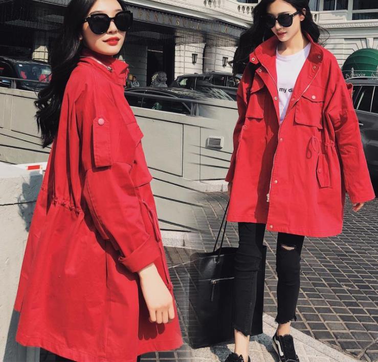 

Autumn Ladies Big Coat Long Knee Waist East Bow Skinny Windbreaker Veas, Red.