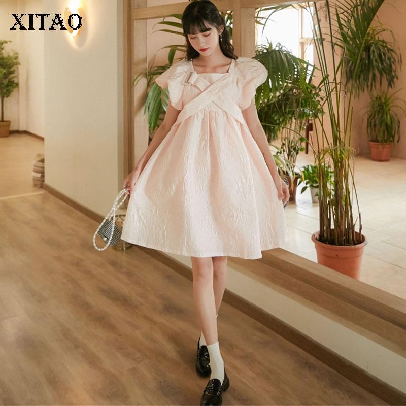 

XITAO Embossed Jacquard Cross Pink Dress Women Clothes 2020 Summer New Fashion Square Collar Puff Sleeve Dress Casual GCC3615, Pink gcc3615