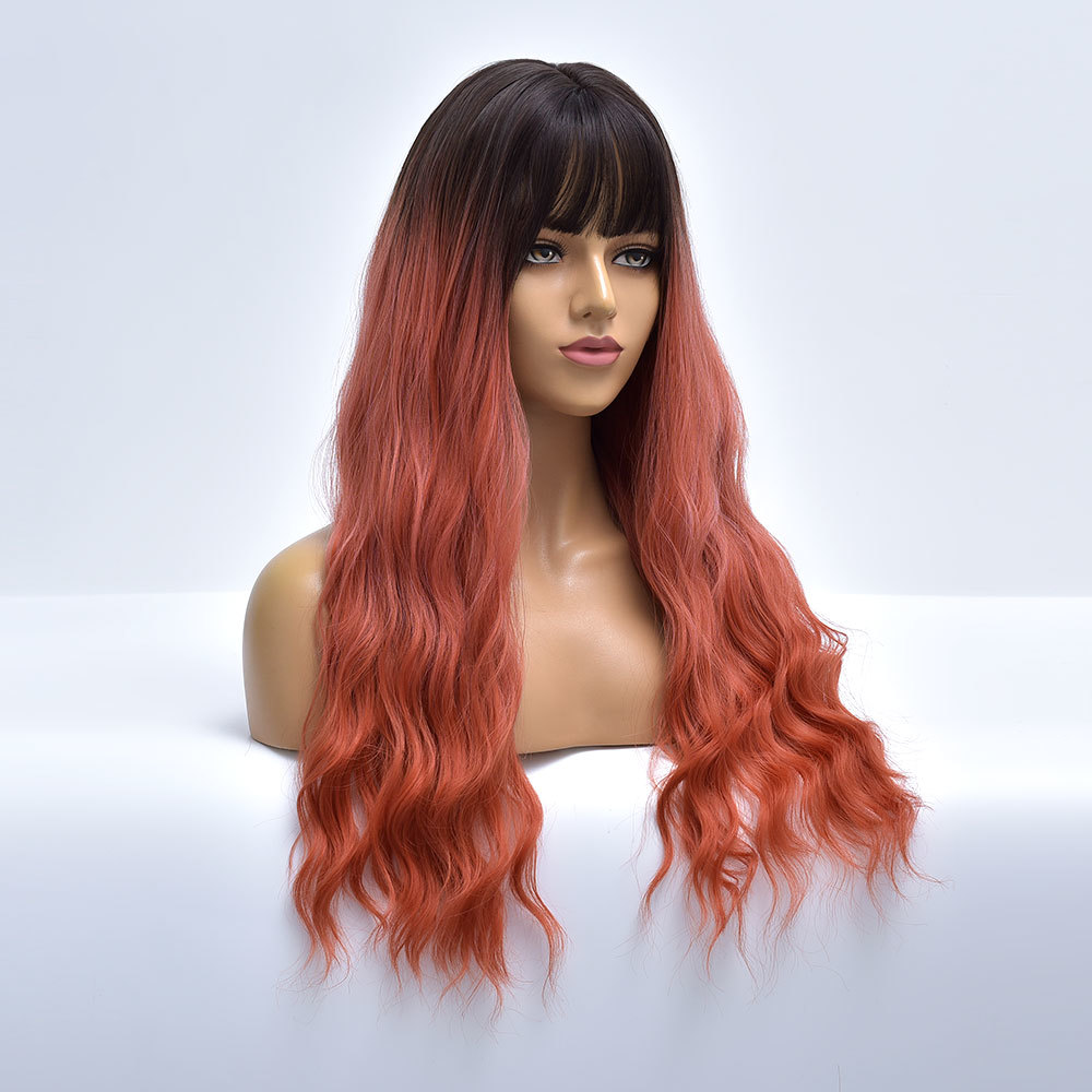 Costume Accessories Wine red Long Wave Ombre Nutural Hair Synthetic Wig With Bangs For White Women Heat Resistant Daily Cosplay Female Fiber-image-749167208