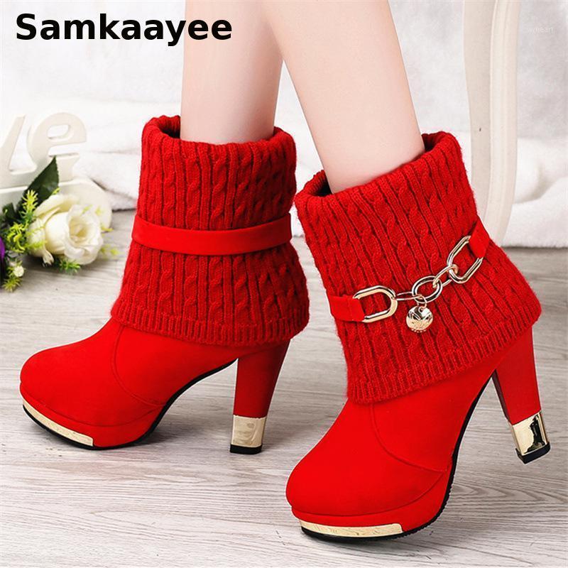

Size 35-43 Womens Boots Winter Female Snow Botas 9.5cm High Heels Knit Ankle Pumps Round Toe Buckle Platform Mujer Shoes Y561, Black