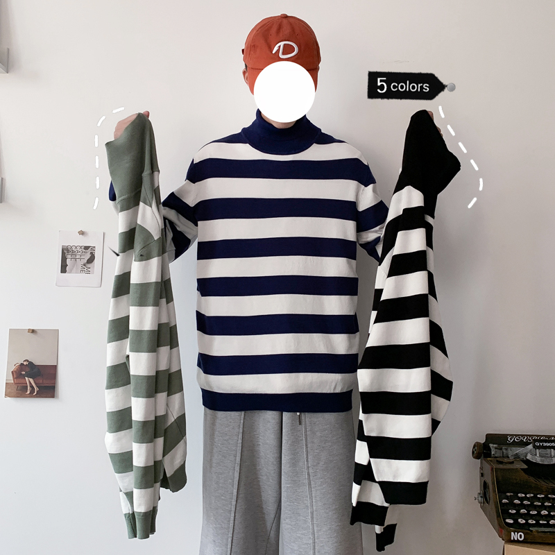 

2021 New Striped Loose Turtleneck Sleeve Knitted Male Sweater Winter Jersey Hombre 1013 HK93