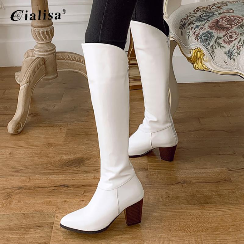 

CIALISA Shoes 2020 Fashion High Quality Zippere Pu Leather Pointed Toe Ladies Boots Handmade Casual High Heel Women Boots, White