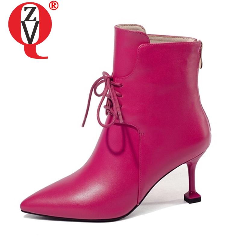 

ZVQ Fashion 2020 Europe And America Style Pointed Toe Shoes Lady Sexy Dress High Heel Boots Cow Leather Side Zipper Ankle Boots, Black