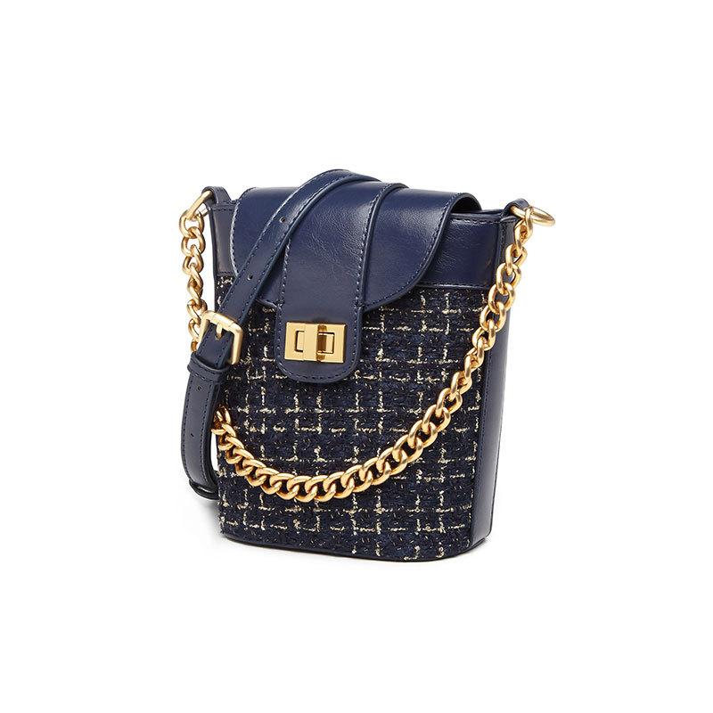 

New handbags 2021 new tweed bucket bag fashion wild chain shoulder messenger small bag retro classic ladies handbag luxury, Indigo blue