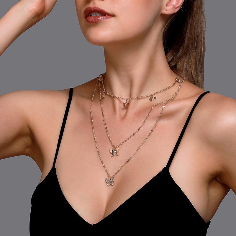 

Find Me Creative Alloy Butterfly Pendant Necklace Three Layer Rhinestone Necklace For Women Fashion Jewelry Accessories