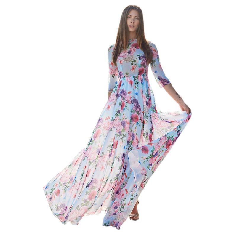 

Women Loose Dress Summer Floral Printing Three Quarter Sleeve Evening Party Beach Long Nice Dress Sexy O-Neck, Blue