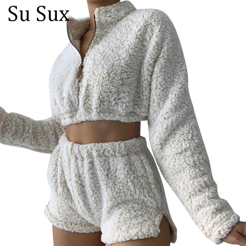 

Winter Hairy Warm Two Piece Set Women Outfits Matching Sets Solid Stand Collar Crop Top&Short Pants Set Casual Tracksuit Vestido, White