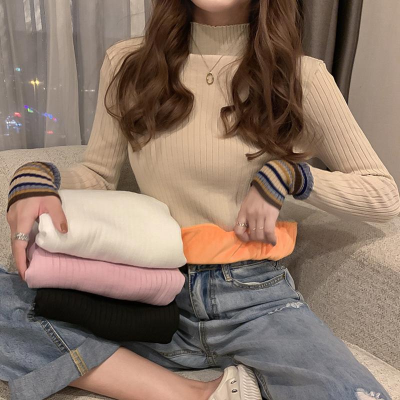 

Autumn Winter Women Knitted Turtleneck Sweater Striped Print Long Sleeve Thick Warm Velvet Sweater Pullovers Slim Basic Jumpers, Black