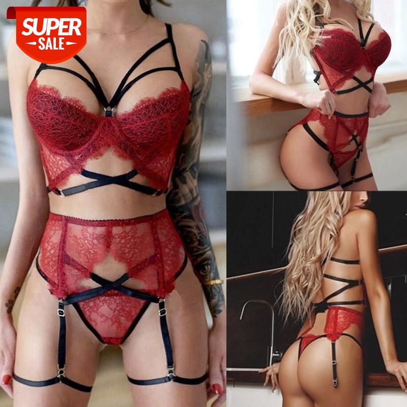 

New Women Sexy Lace Lingerie Straps Bra and Panty Bandage Set Back Closure Underwear G-String Straps Nightwear Sleepwear #TK4r, Black;white