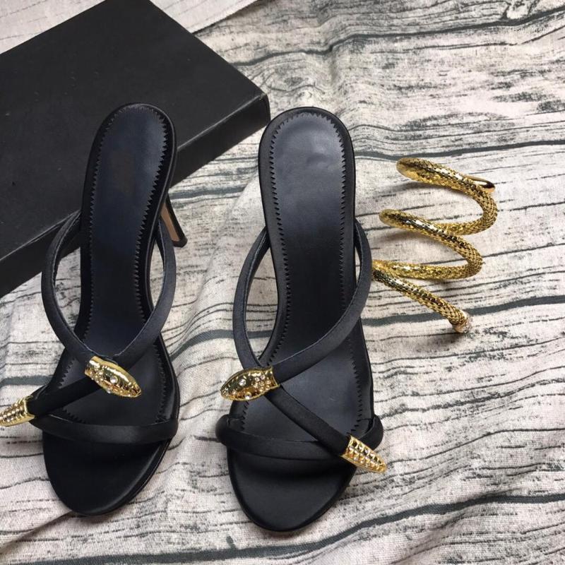 

Hot Shoes Woman Leather Slippers High Thin Heels Flip Flops Cross-Tied Slippers Snake Metal Decora Sapato Feminino Woman Shoes1, As pic