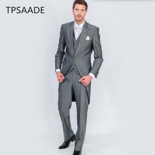 

2020 New Male Suits Peaked Lapel one Button Gray grey men Suit Groomsman tailcoat Wedding men Suits (Jacket+Pants+vest, Beige