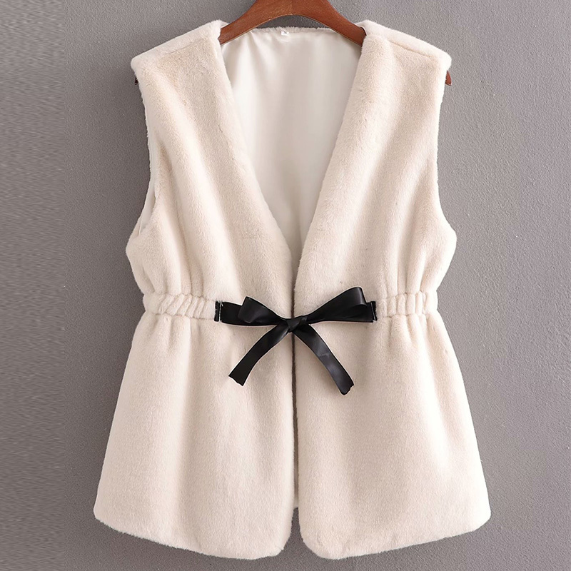 

2021 New Harajuku Autumn Winter Women Fur Vest Jackets Solid Stylish Thick Warm Cashmere Vests Casual Bow Girls Sleeveless Streetwear Ur9t