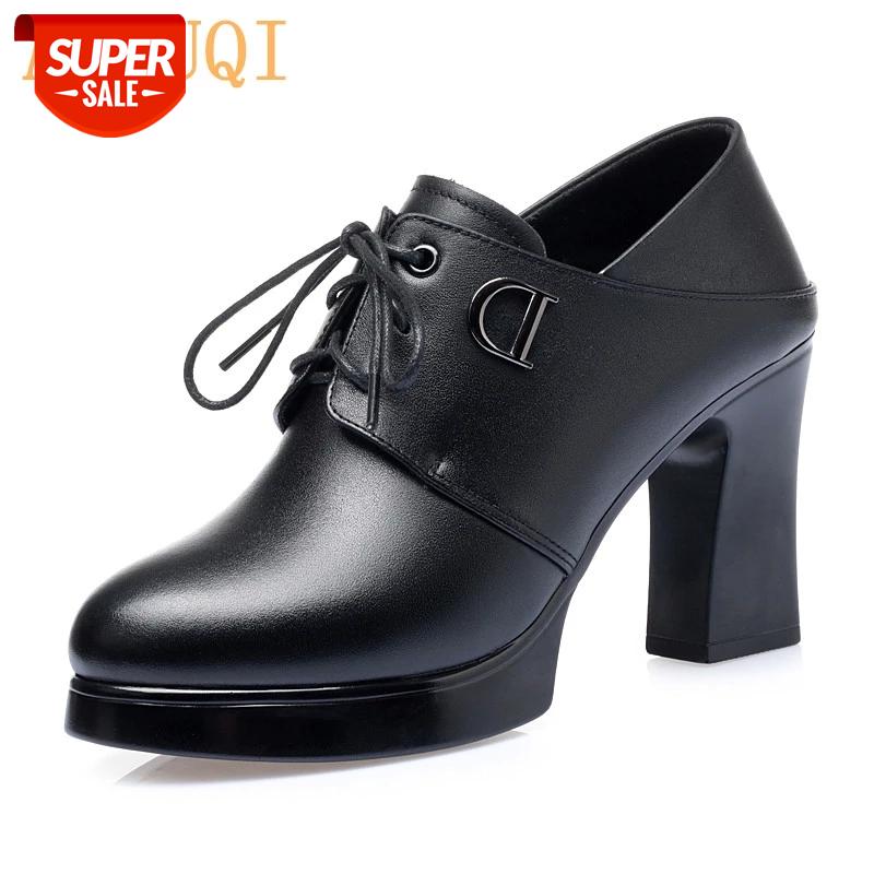 

AIYUQI High Heel Women Genuine Leather shoes 2020 Spring New Fashion Thick Heel Women's ShoesTwo Wear Lace-up Women's Shoes Pump #Fk2Y, Black