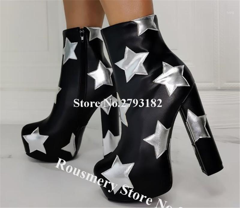 

Women Round Toe High Platform Chunky Heel Short Boots Silver Red Stars Printed Thick High Heel Ankle Booties Factory Photos1, As picture