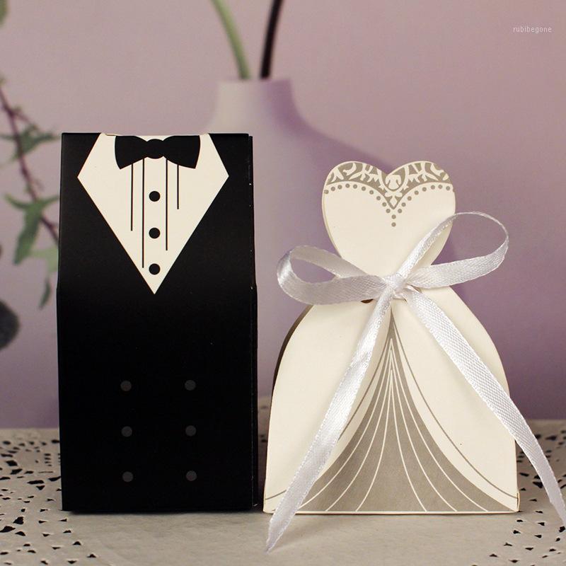 

100Pcs Bridal Gift Cases Bags Groom Tuxedo Dress Gown Paper Mariage Boda Decoration Bomboniere Ribbon Wedding Favor Candy Boxes1