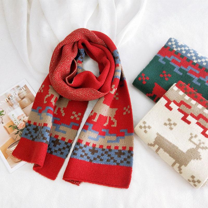 

Winter Wool Knitted Scarf Thick Warm Long Scarves Red Green Small Plaid Elk Soft Shawls Wraps Vintage Christmas Head Scarves