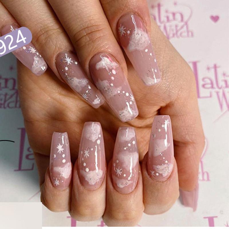 

24pcs/set Extra Long Ballet Nail Art Tips Nude Pink Cloud Pattern False Nails Beauty Artificial Full Cover Coffin Fake Nails, 05