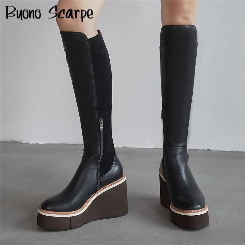 

Wedges Heel Women Platform Boots Genuine Leather Combat Knee High Boots Elastic Stretch Ladies Sock Shoes Casual Heel Long Botas, Leather in