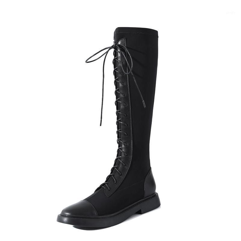 

New Fall Black White Handsome Knee-high Women Boots Flat Platform Leather Knight Boots Cross-tied Thick Bottom Round Toe Shoes1, Black leather