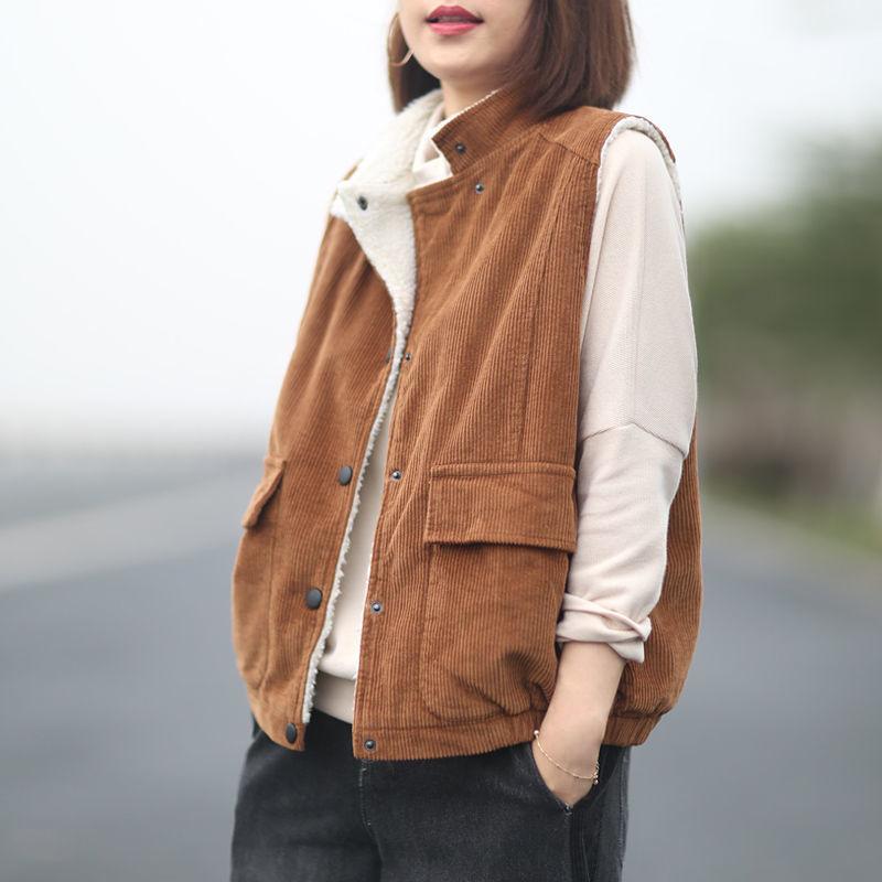 

2021 Autumn New Women Corduroy Vests Vintage Coats Button Stand Collar Sleeveless Pockets Solid Warm Casual Women Vests Y167, Huangse